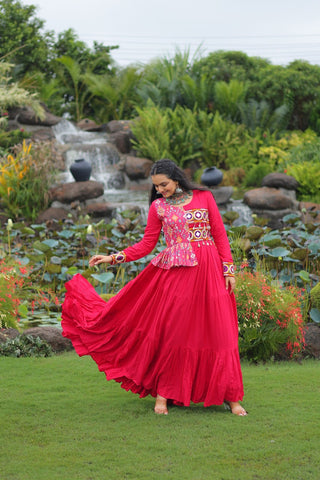 Pink Kutchi Gamthi Embroidered Rayon Frill Gown – 14 Kg Rayon, 12 Meter Flair, Fully Stitched with Cotton Lining ClothsVilla