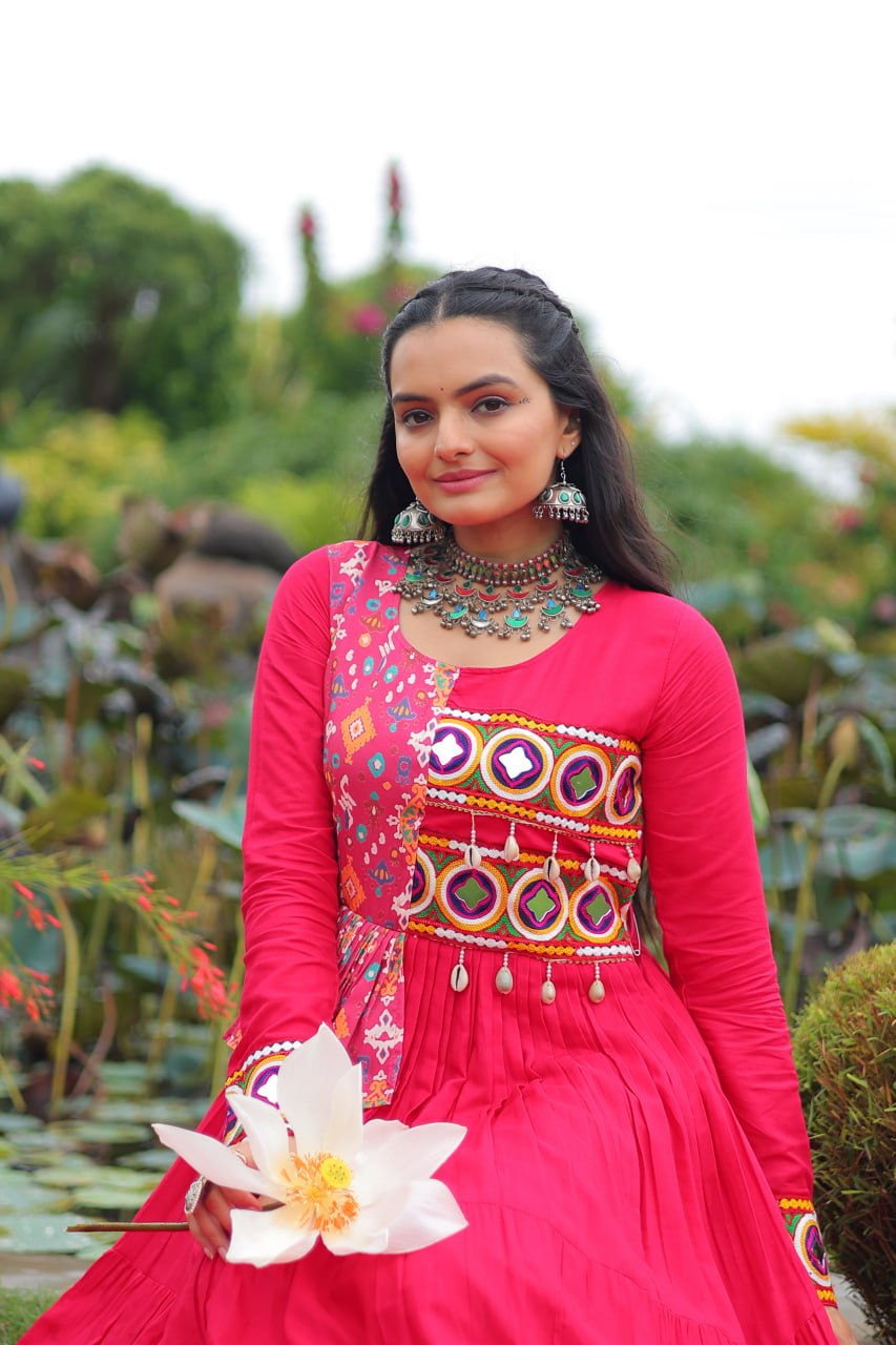 Pink Kutchi Gamthi Embroidered Rayon Frill Gown – 14 Kg Rayon, 12 Meter Flair, Fully Stitched with Cotton Lining ClothsVilla
