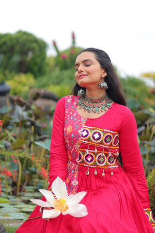 Pink Kutchi Gamthi Embroidered Rayon Frill Gown – 14 Kg Rayon, 12 Meter Flair, Fully Stitched with Cotton Lining ClothsVilla