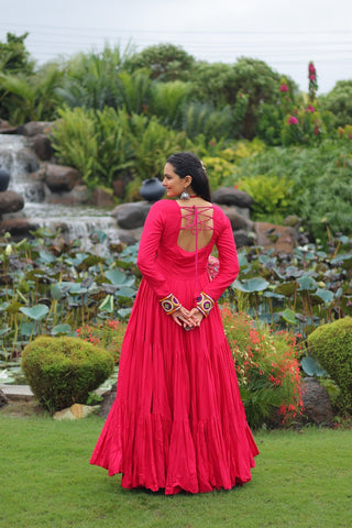 Pink Kutchi Gamthi Embroidered Rayon Frill Gown – 14 Kg Rayon, 12 Meter Flair, Fully Stitched with Cotton Lining ClothsVilla