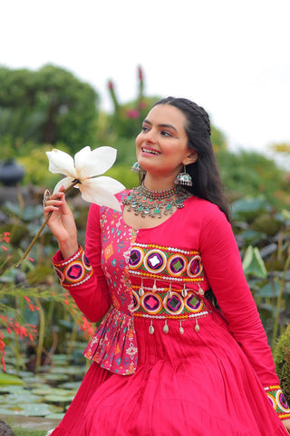 Pink Kutchi Gamthi Embroidered Rayon Frill Gown – 14 Kg Rayon, 12 Meter Flair, Fully Stitched with Cotton Lining ClothsVilla