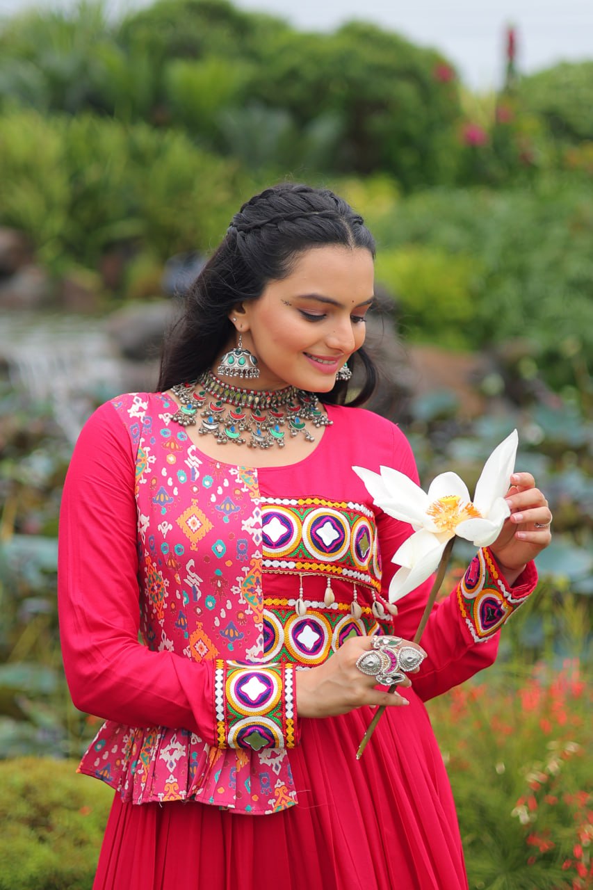 Pink Kutchi Gamthi Embroidered Rayon Frill Gown – 14 Kg Rayon, 12 Meter Flair, Fully Stitched with Cotton Lining ClothsVilla