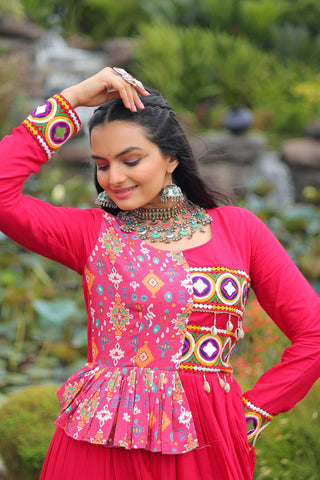 Pink Kutchi Gamthi Embroidered Rayon Frill Gown – 14 Kg Rayon, 12 Meter Flair, Fully Stitched with Cotton Lining ClothsVilla