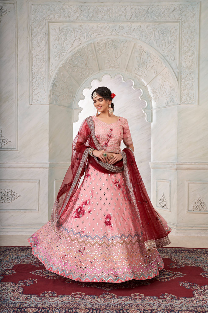 Designer Pink Lehenga Choli with Thread & Mirror Work ClothsVilla
