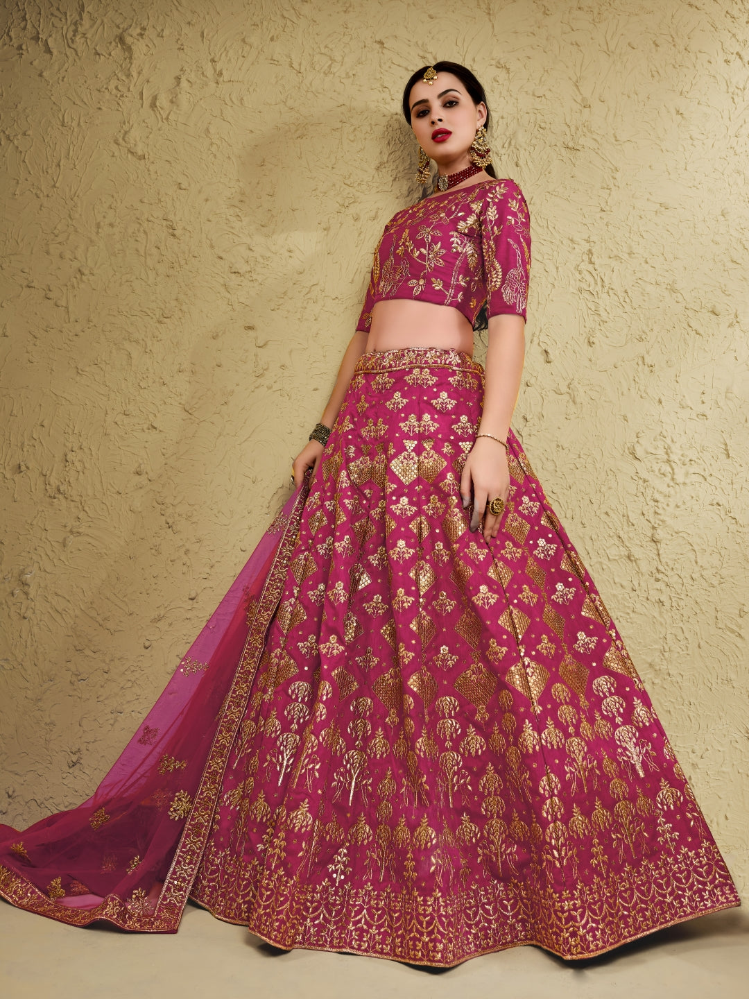 Pink Art Silk Lehenga Choli with Zari & Sequin Embroidery ClothsVilla