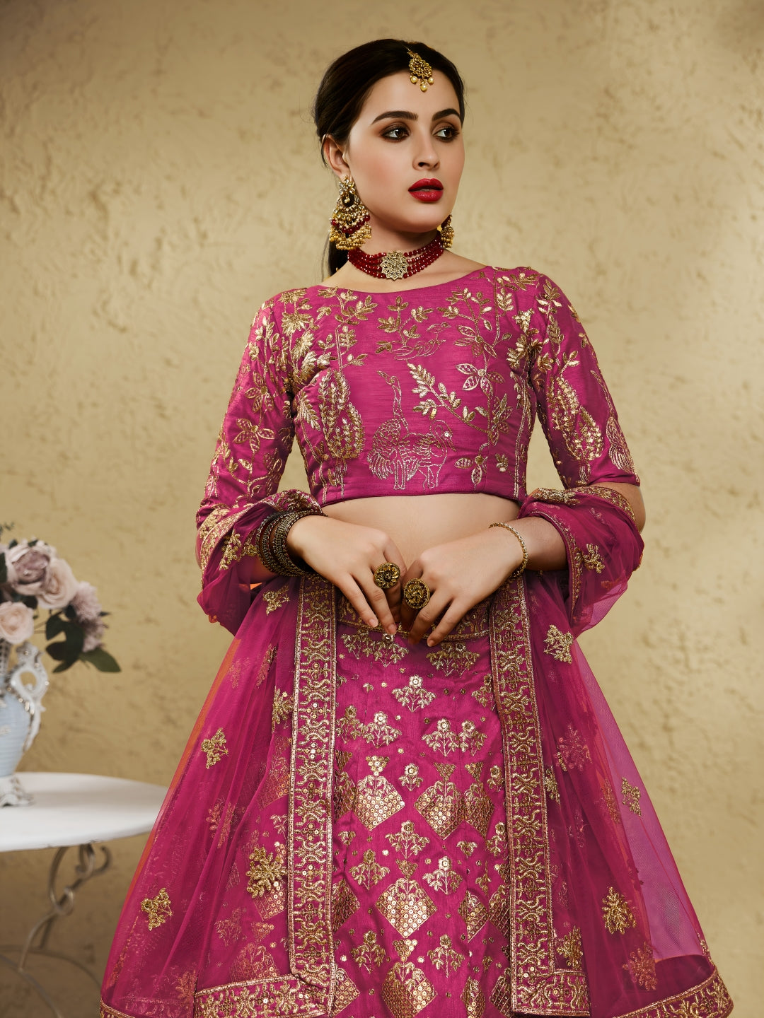 Pink Art Silk Lehenga Choli with Zari & Sequin Embroidery ClothsVilla