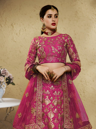 Pink Art Silk Lehenga Choli with Zari & Sequin Embroidery ClothsVilla