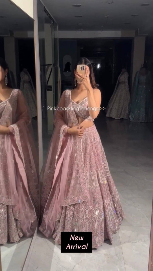 Pink Lehenga with Sequins, Resham Dori work ClothsVilla