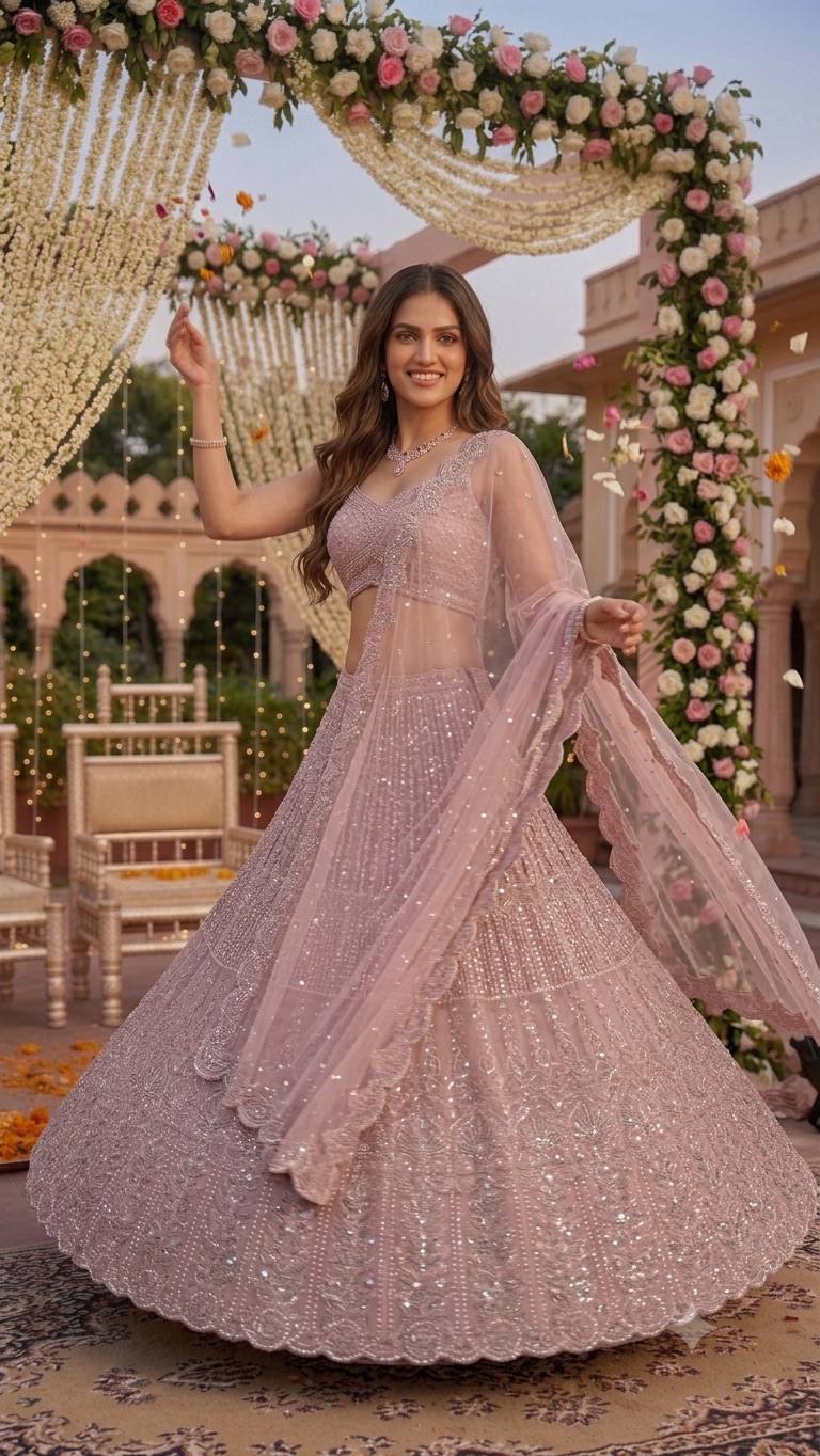 Pink Lehenga with Sequins, Resham Dori work ClothsVilla