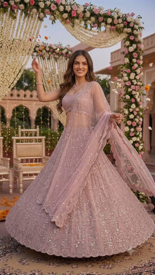 Pink Lehenga with Sequins, Resham Dori work ClothsVilla