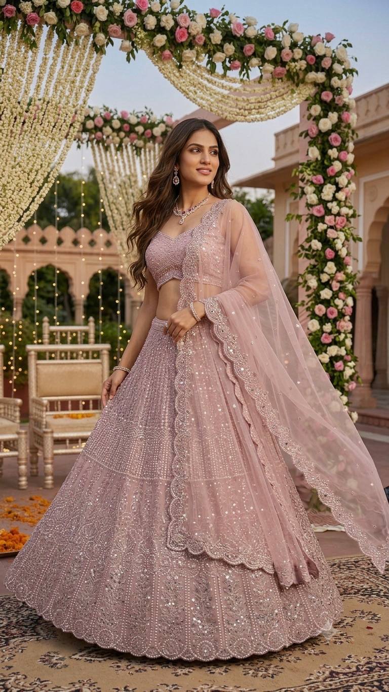 Pink Lehenga with Sequins, Resham Dori work ClothsVilla