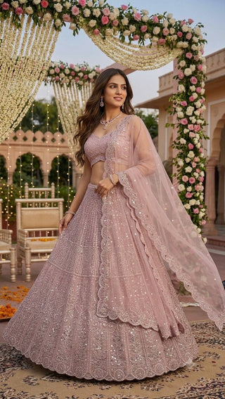 Pink Lehenga with Sequins, Resham Dori work ClothsVilla