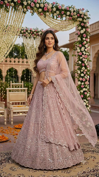 Pink Lehenga with Sequins, Resham Dori work ClothsVilla