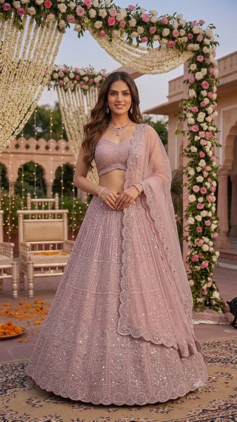 Pink Lehenga with Sequins, Resham Dori work ClothsVilla