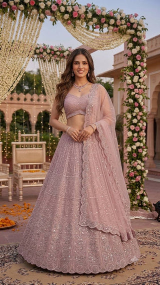 Pink Lehenga with Sequins, Resham Dori work ClothsVilla