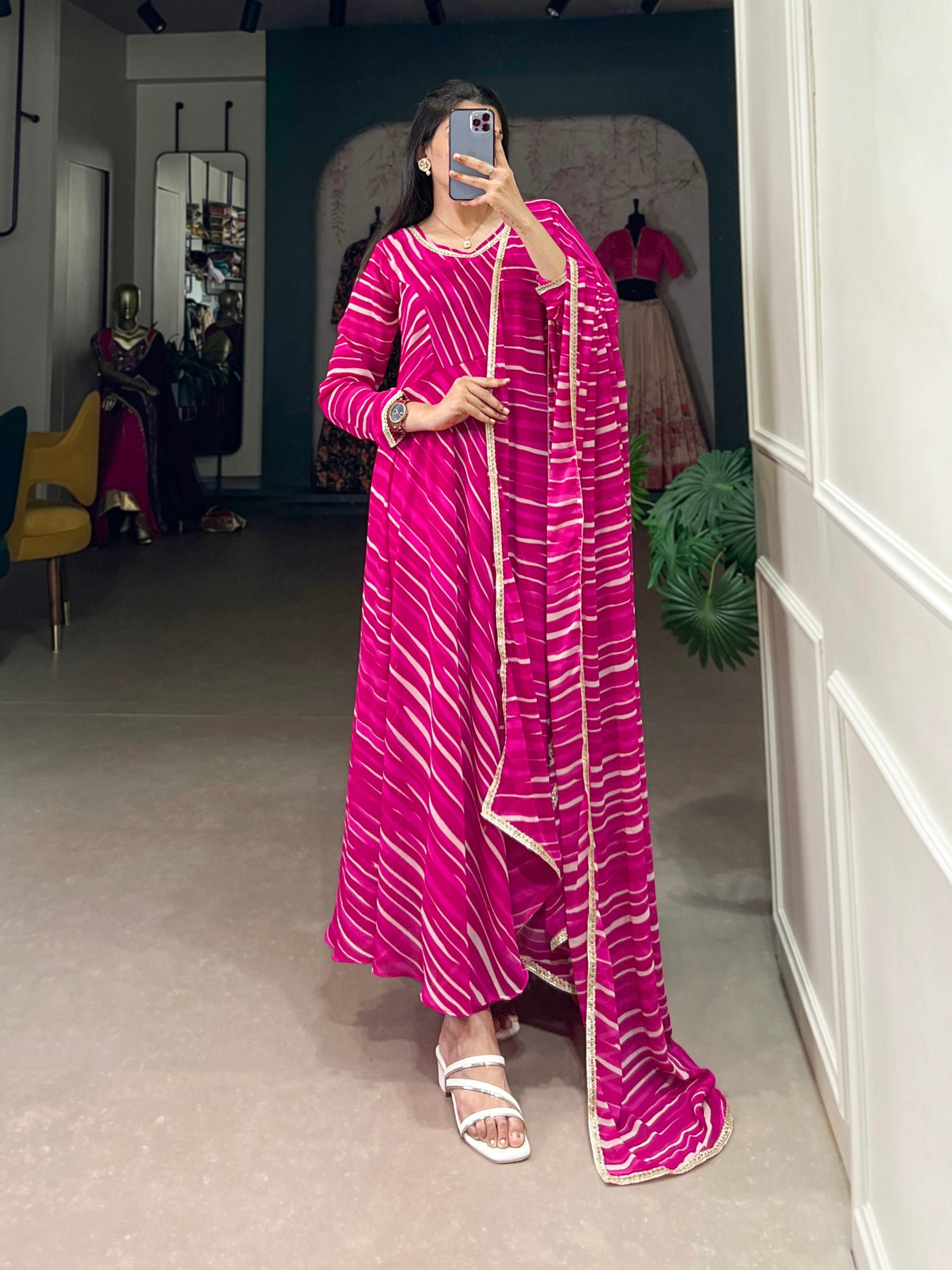 Pink Leheriya Georgette Gown with Dupatta – Festive Elegance with Lace Touch-Up Main image