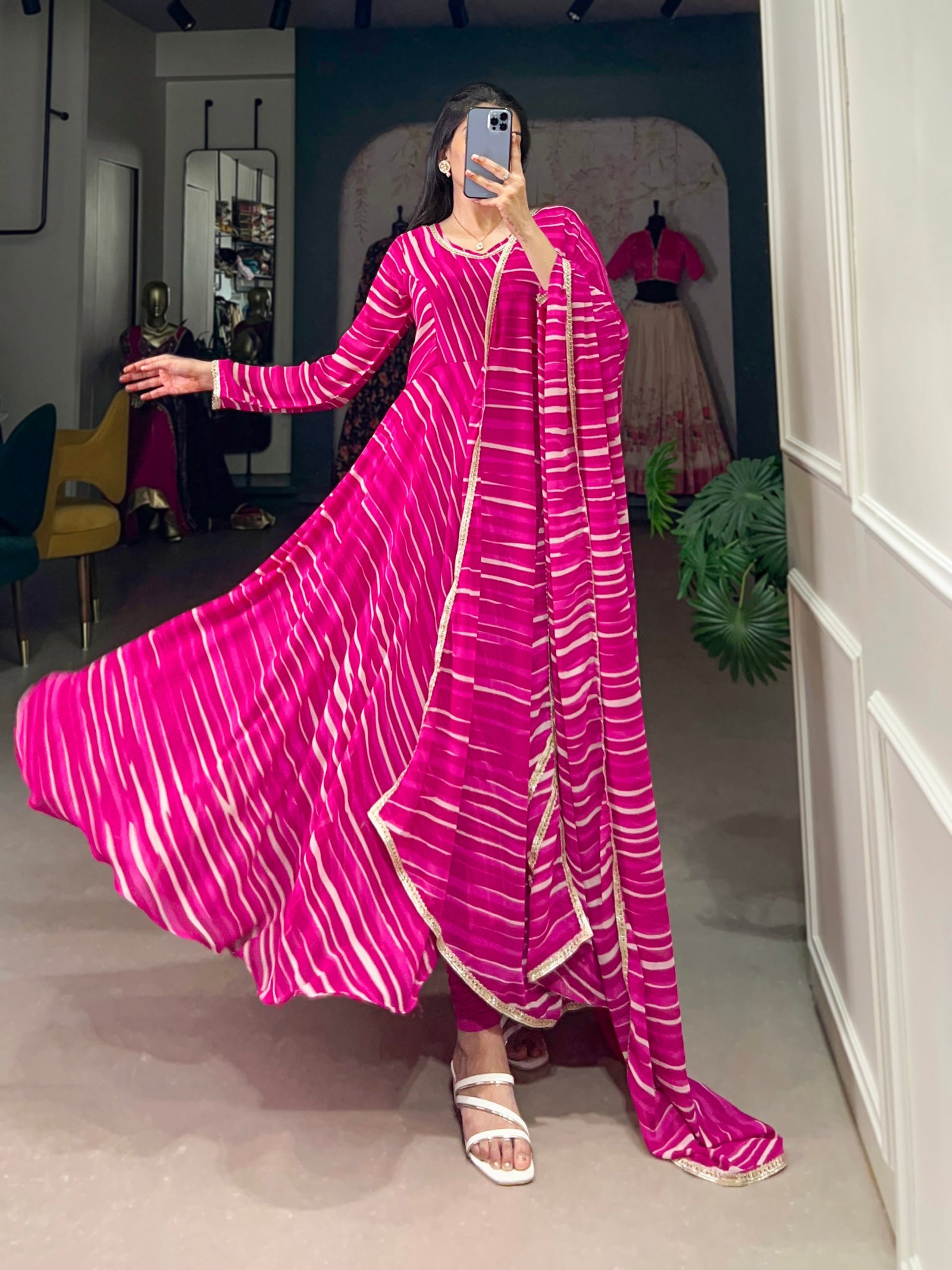 Pink Leheriya Georgette Gown with Dupatta – Festive Elegance with Lace Touch-Up