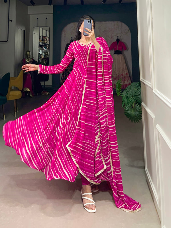 Pink Leheriya Georgette Gown with Dupatta – Festive Elegance with Lace Touch-Up