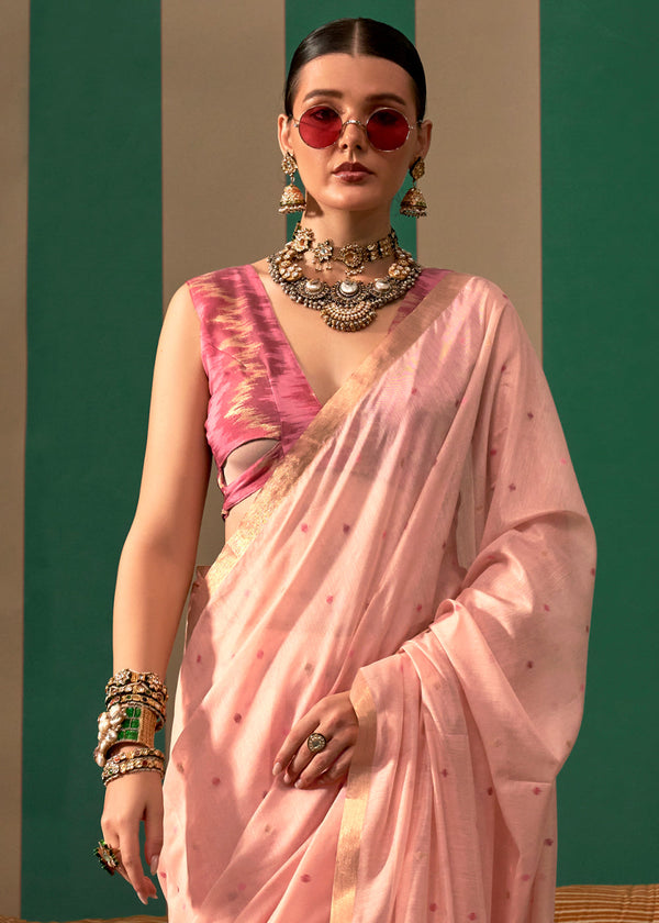 Pink Lustrous Spun Silk Saree with Cotton Blend ClothsVilla