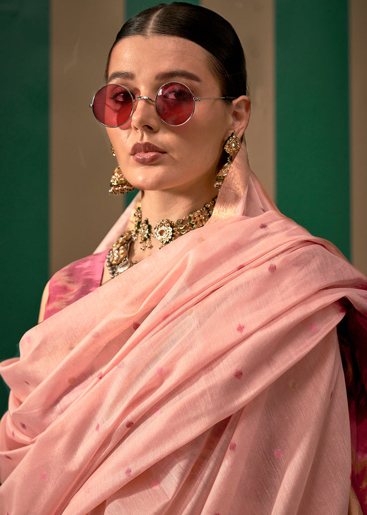 Pink Lustrous Spun Silk Saree with Cotton Blend ClothsVilla