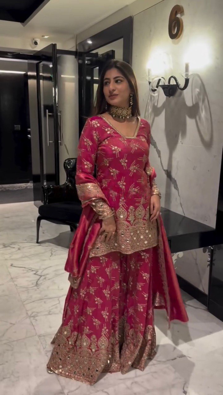 Pink Luxe Shimmer Silk Sharara Set with Real Mirror Work Main image