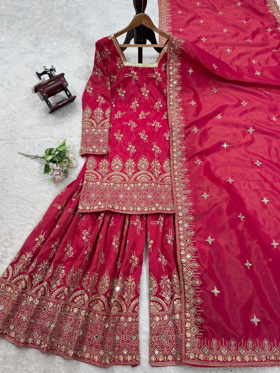 Pink Luxe Shimmer Silk Sharara Set with Real Mirror Work