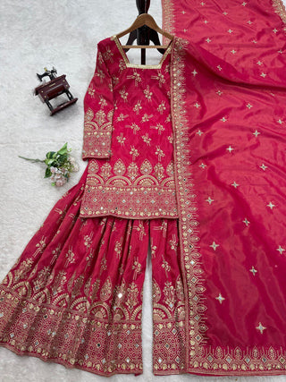 Pink Luxe Shimmer Silk Sharara Set with Real Mirror Work