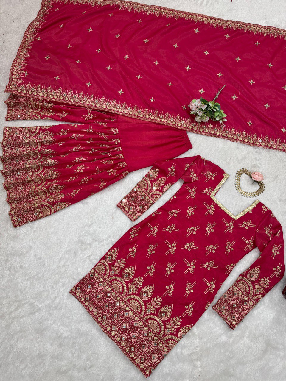 Pink Luxe Shimmer Silk Sharara Set with Real Mirror Work