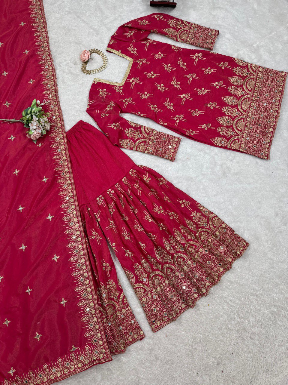Pink Luxe Shimmer Silk Sharara Set with Real Mirror Work