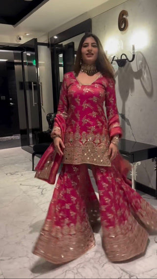 Pink Luxe Shimmer Silk Sharara Set with Real Mirror Work