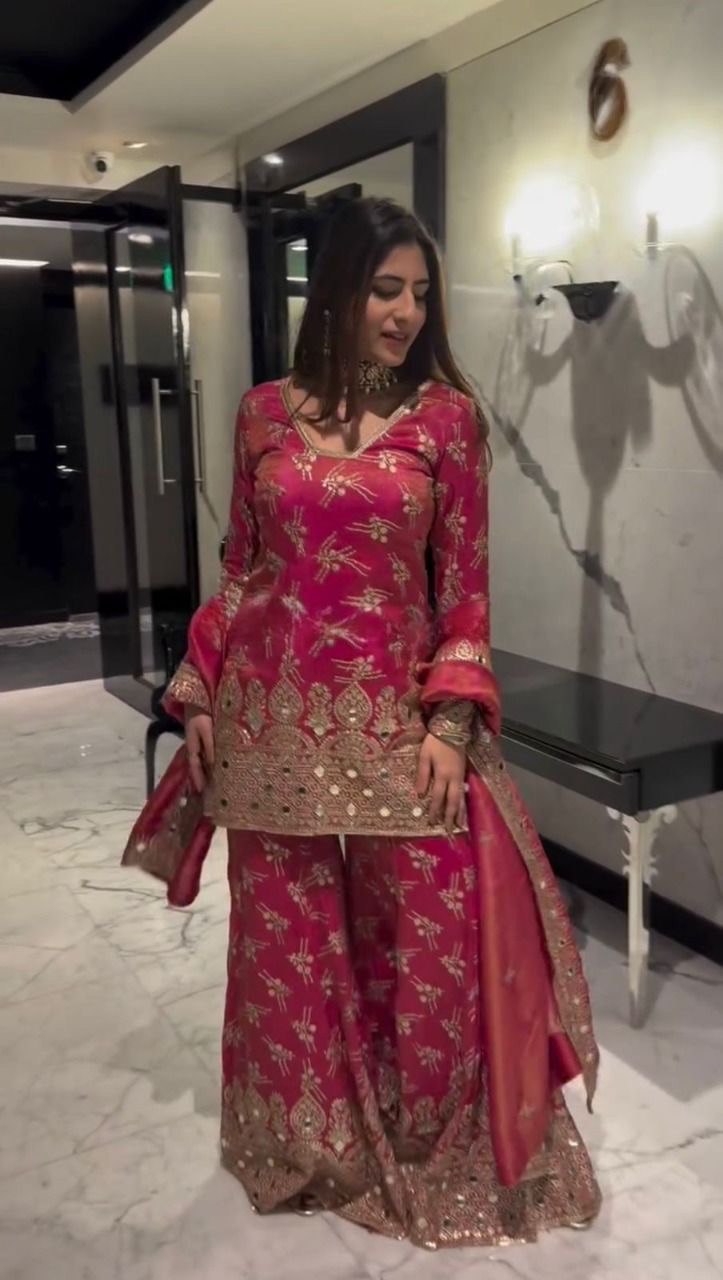 Pink Luxe Shimmer Silk Sharara Set with Real Mirror Work