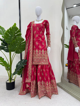 Pink Luxe Shimmer Silk Sharara Set with Real Mirror Work