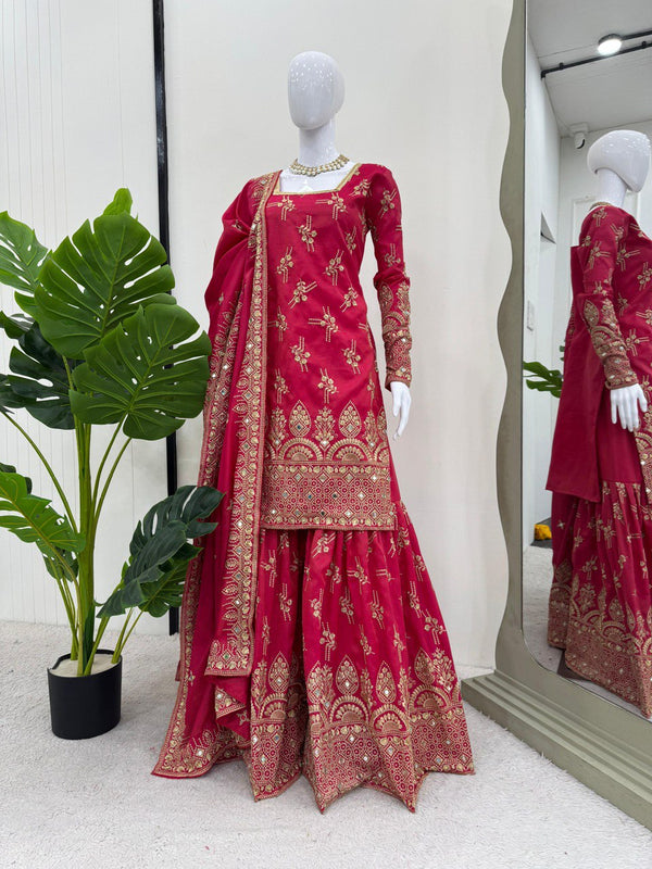 Pink Luxe Shimmer Silk Sharara Set with Real Mirror Work