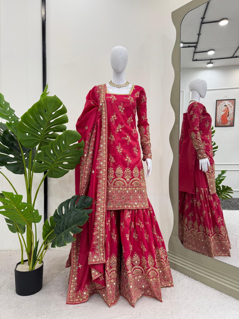 Pink Luxe Shimmer Silk Sharara Set with Real Mirror Work
