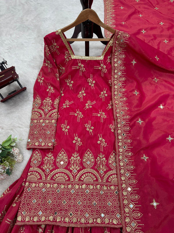 Pink Luxe Shimmer Silk Sharara Set with Real Mirror Work