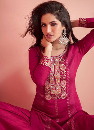 Pink Luxurious Embroidered Vichitra Silk Suit Set with Dupatta ClothsVilla