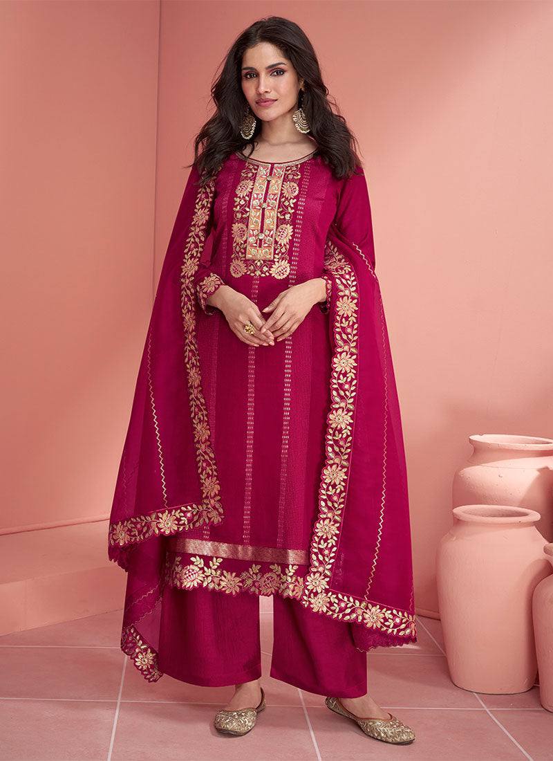Pink Luxurious Embroidered Vichitra Silk Suit Set with Dupatta ClothsVilla Main image