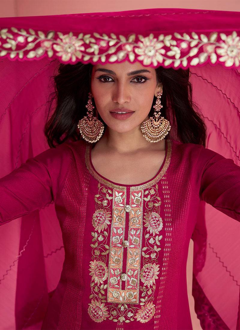 Pink Luxurious Embroidered Vichitra Silk Suit Set with Dupatta ClothsVilla