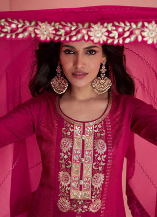 Pink Luxurious Embroidered Vichitra Silk Suit Set with Dupatta ClothsVilla