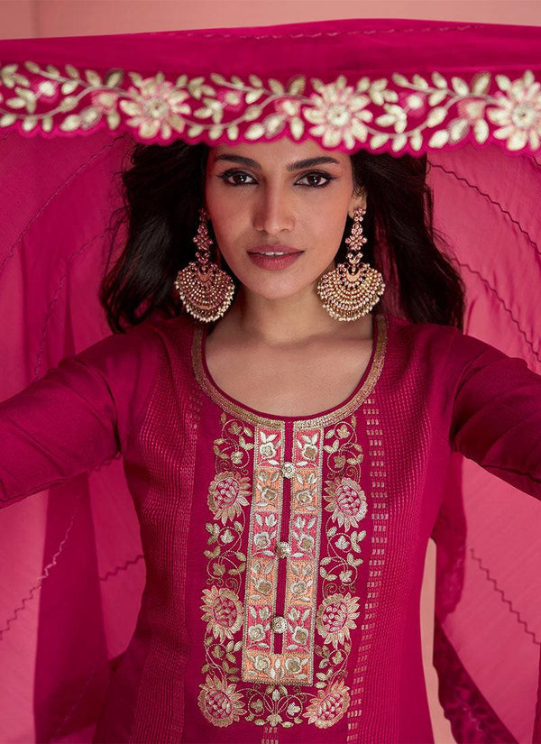 Pink Luxurious Embroidered Vichitra Silk Suit Set with Dupatta ClothsVilla