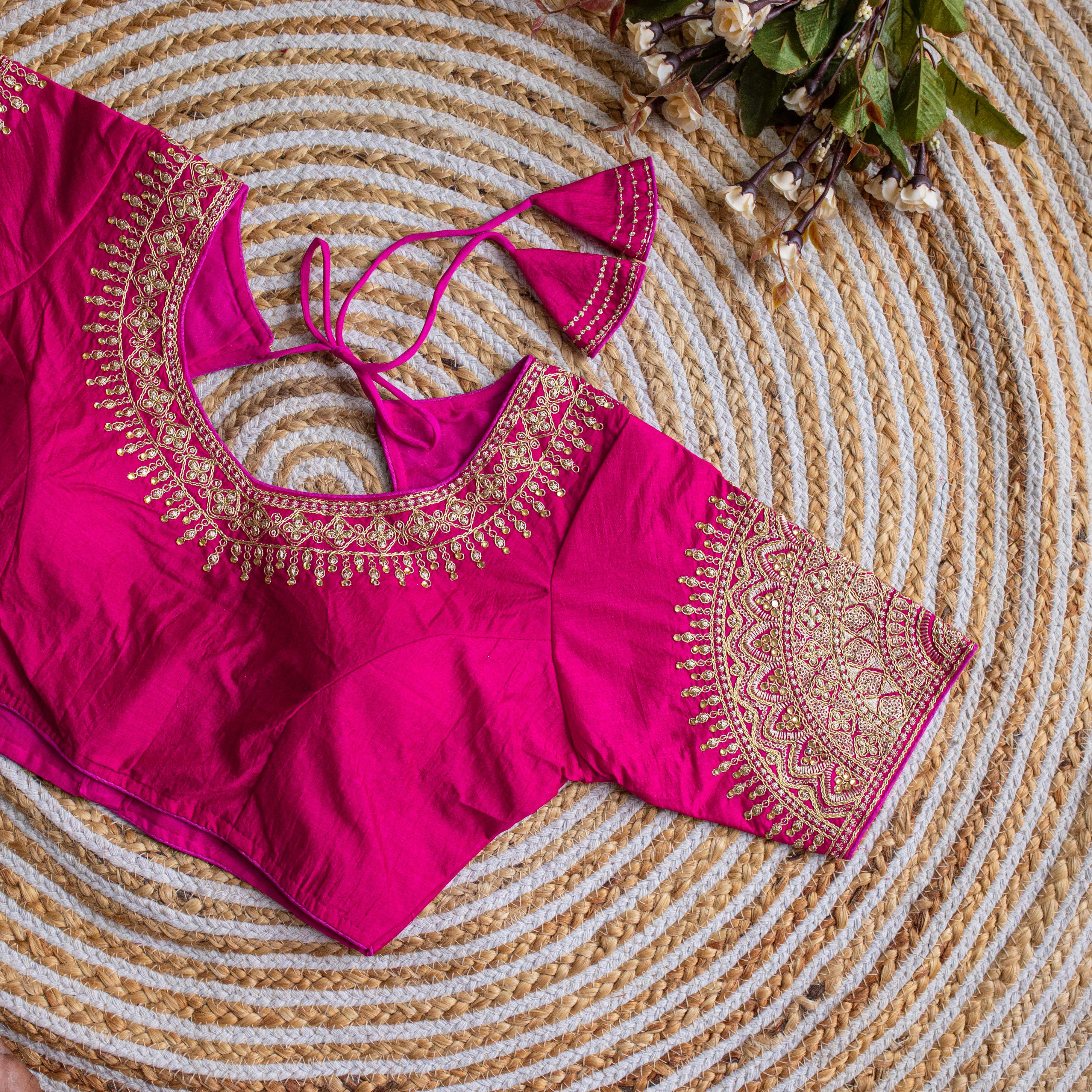 Pink Luxurious Lucknowi Silk Blouse with Golden Embroidery and Sequins ClothsVilla Main image