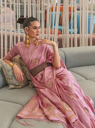 Pink Luxurious Pure Silk Banarasi Saree with Unstitched Blouse Piece ClothsVilla