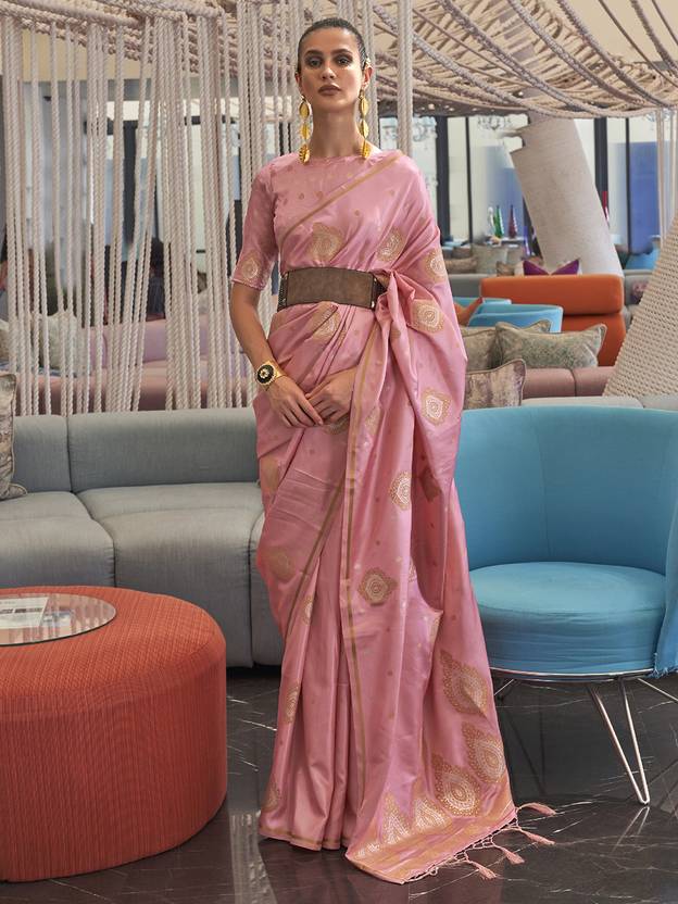 Pink Luxurious Pure Silk Banarasi Saree with Unstitched Blouse Piece ClothsVilla