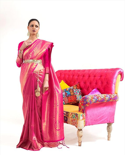 Pink Luxurious Silk Jacquard Saree with Blouse Piece – Perfect for Festivals ClothsVilla