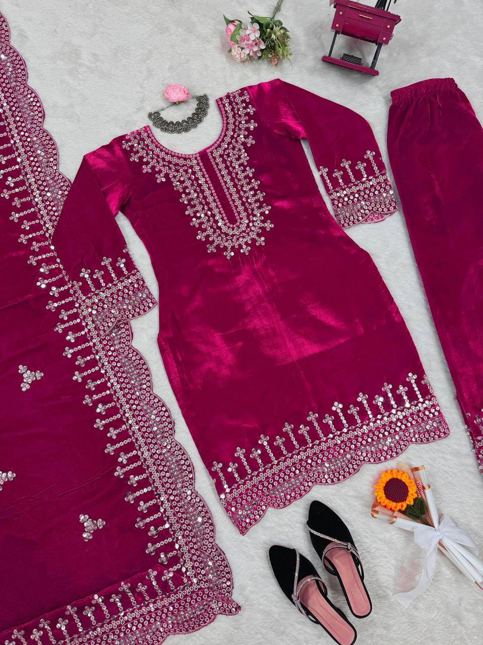 Pink Luxurious Viscose Velvet Plazo Set with Embroidered Dupatta Clothsvilla