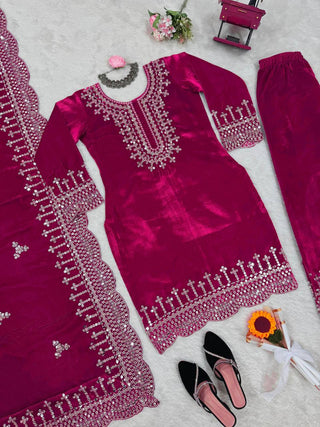 Pink Luxurious Viscose Velvet Plazo Set with Embroidered Dupatta Clothsvilla