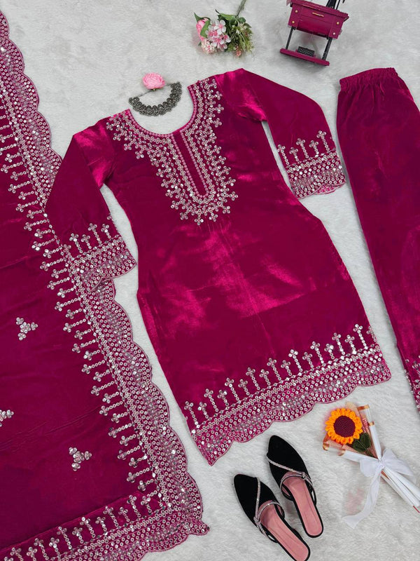 Pink Luxurious Viscose Velvet Plazo Set with Embroidered Dupatta Clothsvilla