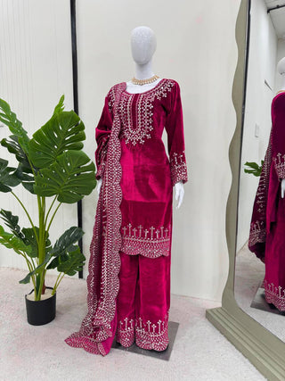 Pink Luxurious Viscose Velvet Plazo Set with Embroidered Dupatta Clothsvilla