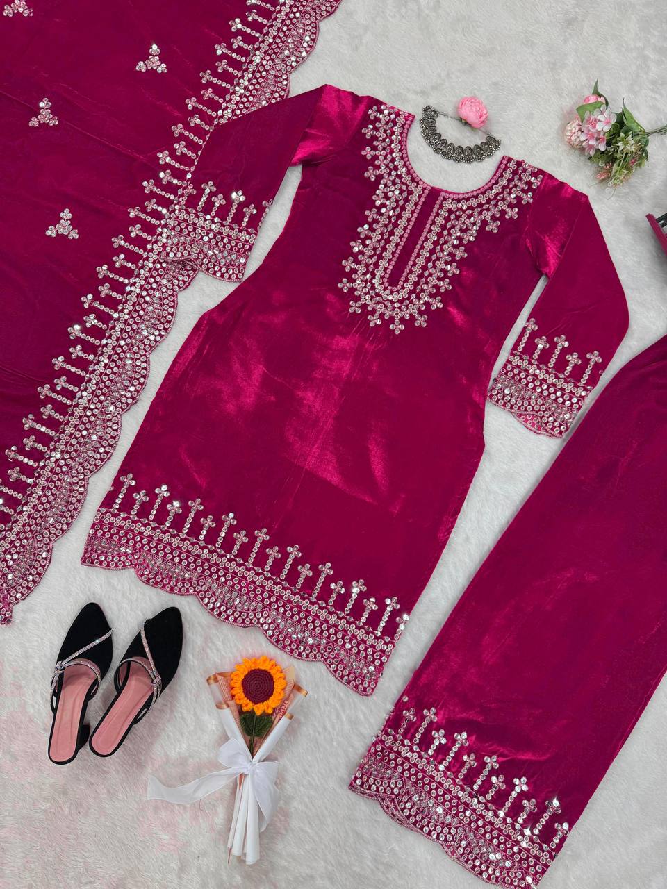 Pink Luxurious Viscose Velvet Plazo Set with Embroidered Dupatta Clothsvilla