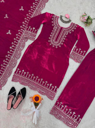 Pink Luxurious Viscose Velvet Plazo Set with Embroidered Dupatta Clothsvilla